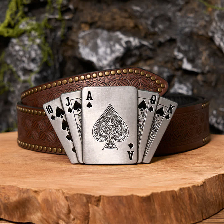 Cintura in pelle Royal Flush argentata fai da te da uomo con accendino nascosto - Poker - Cintura con rivetti marroni - 42 - image 6