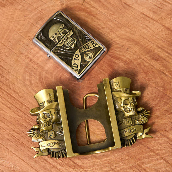 Cintura in pelle bronzo fai da te da uomo con accendino nascosto e teschi tripli Joker