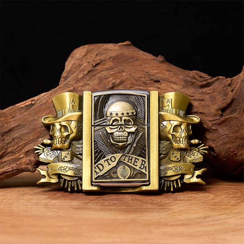 Cintura in pelle bronzo fai da te da uomo con accendino nascosto e teschi tripli Joker - Cranio - Senza cintura - Cintura non inclusa - image 0