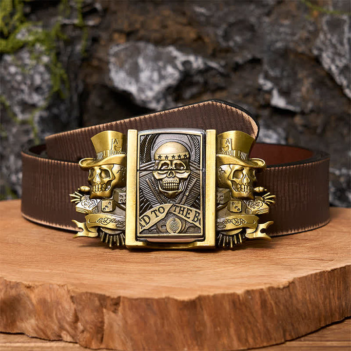 Cintura in pelle bronzo fai da te da uomo con accendino nascosto e teschi tripli Joker - Cranio - Cintura marrone anticata - 42 - image 7
