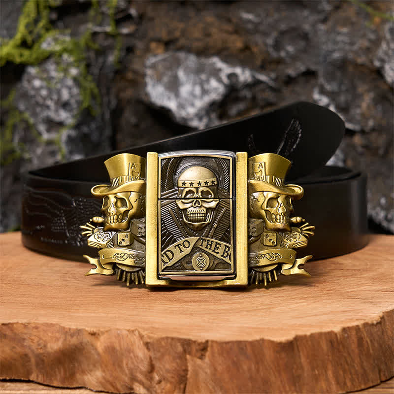 Cintura in pelle bronzo fai da te da uomo con accendino nascosto e teschi tripli Joker