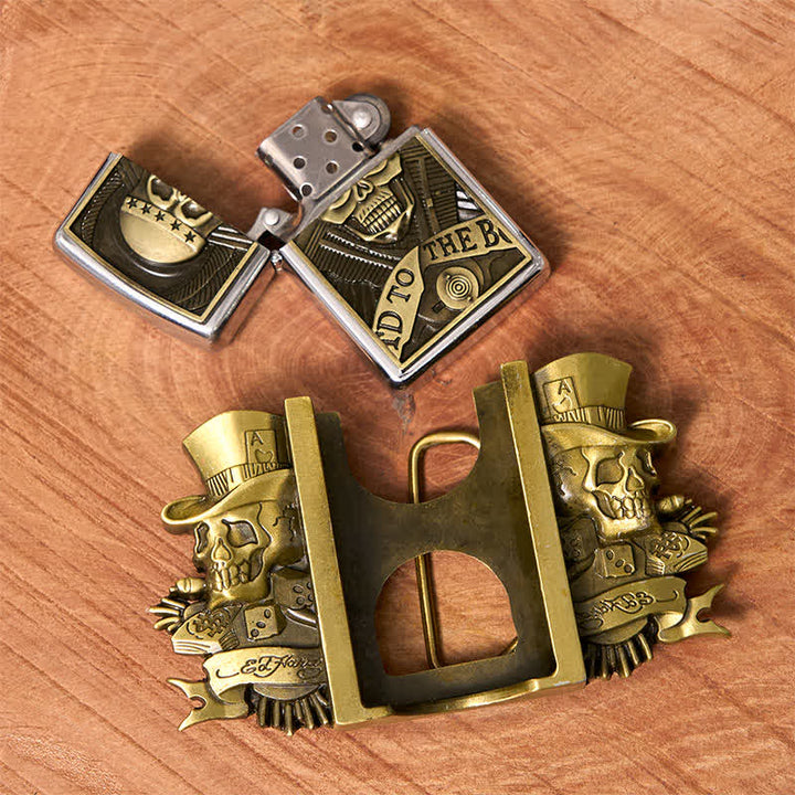 Cintura in pelle bronzo fai da te da uomo con accendino nascosto e teschi tripli Joker
