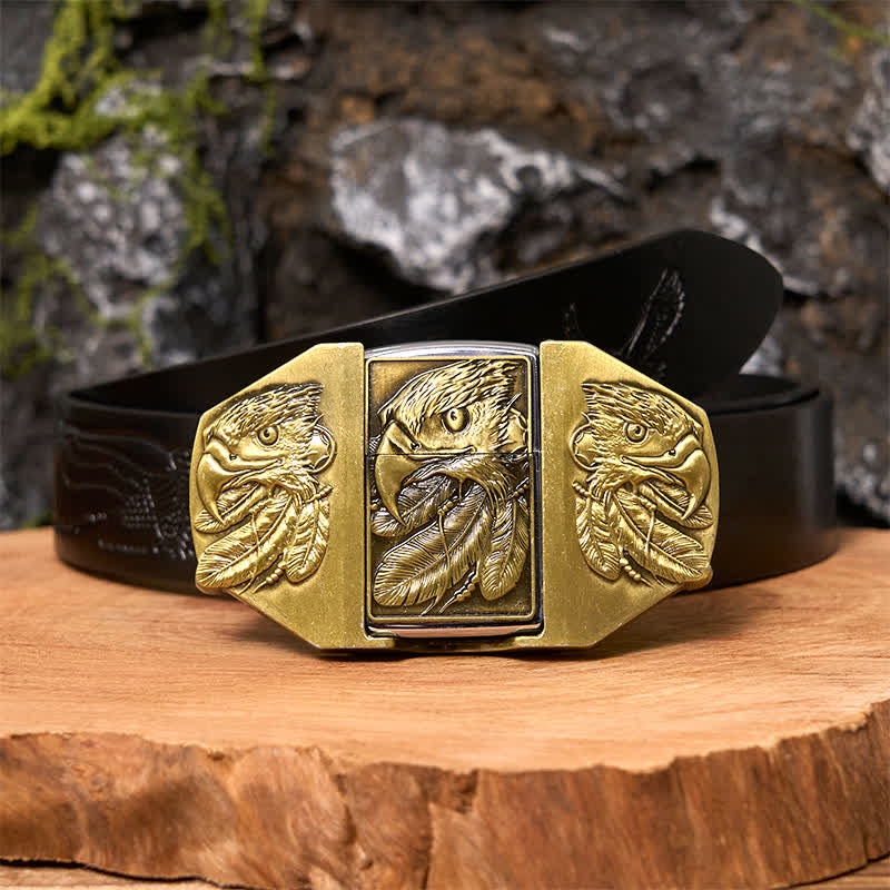 Cintura in pelle fai da te da uomo con tripla aquila in bronzo e accendino nascosto