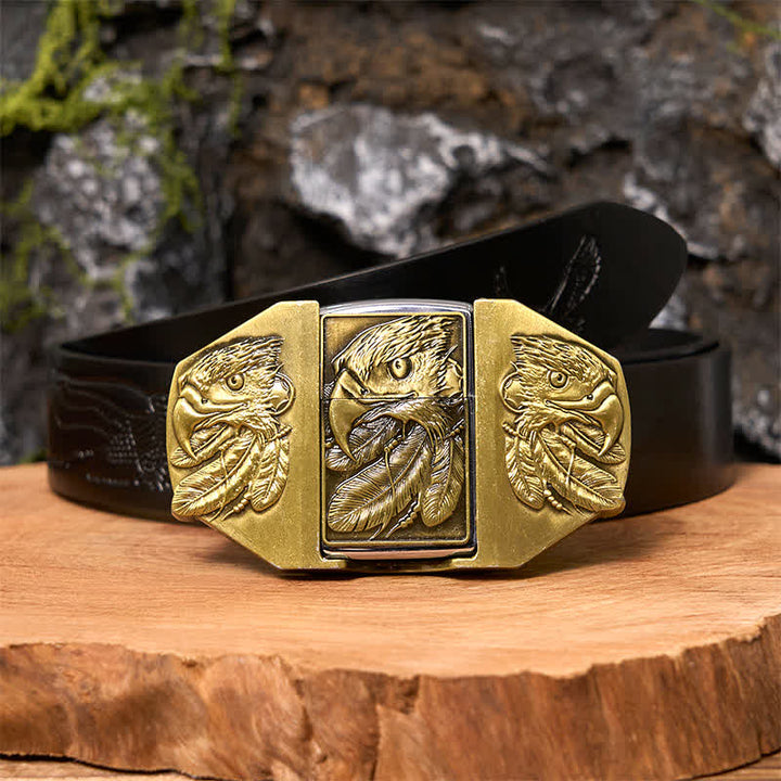 Cintura in pelle fai da te da uomo con tripla aquila in bronzo e accendino nascosto