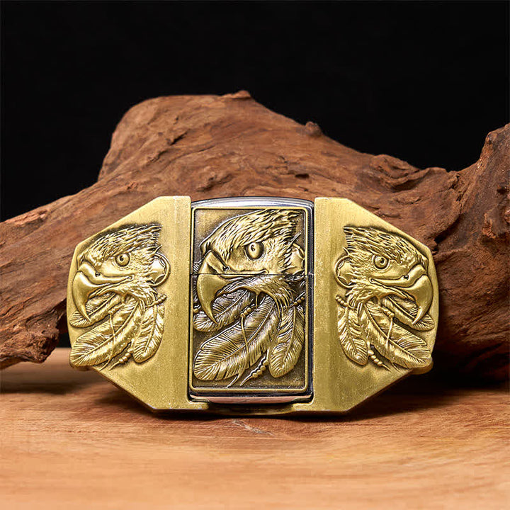 Cintura in pelle fai da te da uomo con tripla aquila in bronzo e accendino nascosto
