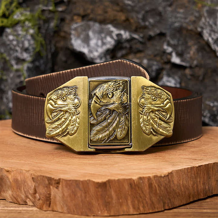 Cintura in pelle fai da te da uomo con tripla aquila in bronzo e accendino nascosto