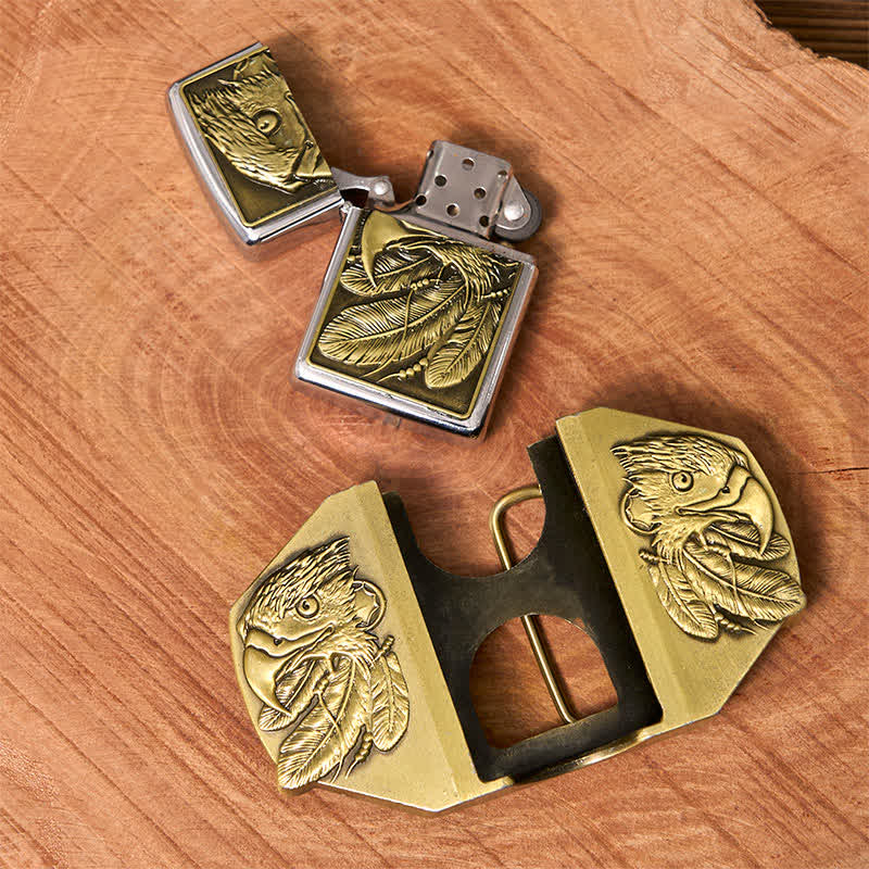 Cintura in pelle fai da te da uomo con tripla aquila in bronzo e accendino nascosto