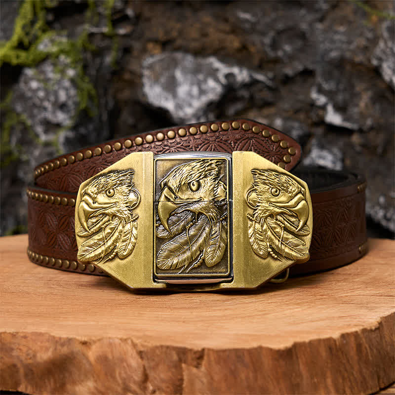 Cintura in pelle fai da te da uomo con tripla aquila in bronzo e accendino nascosto