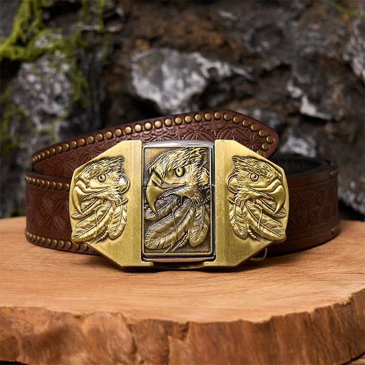 Cintura in pelle fai da te da uomo con tripla aquila in bronzo e accendino nascosto