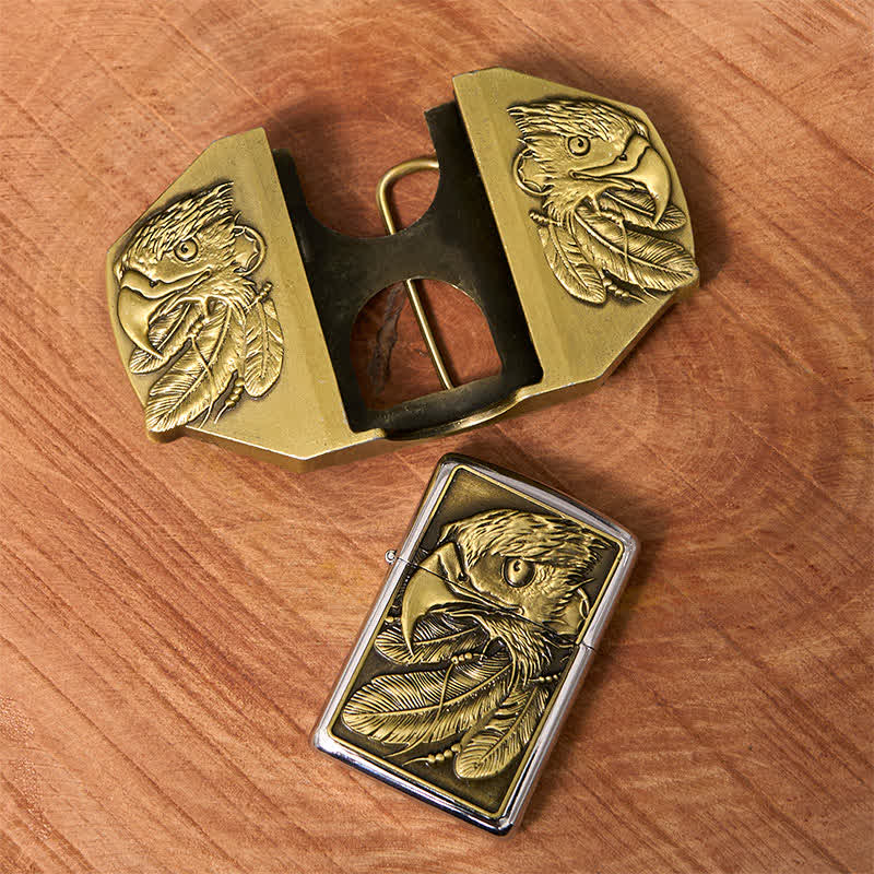 Cintura in pelle fai da te da uomo con tripla aquila in bronzo e accendino nascosto