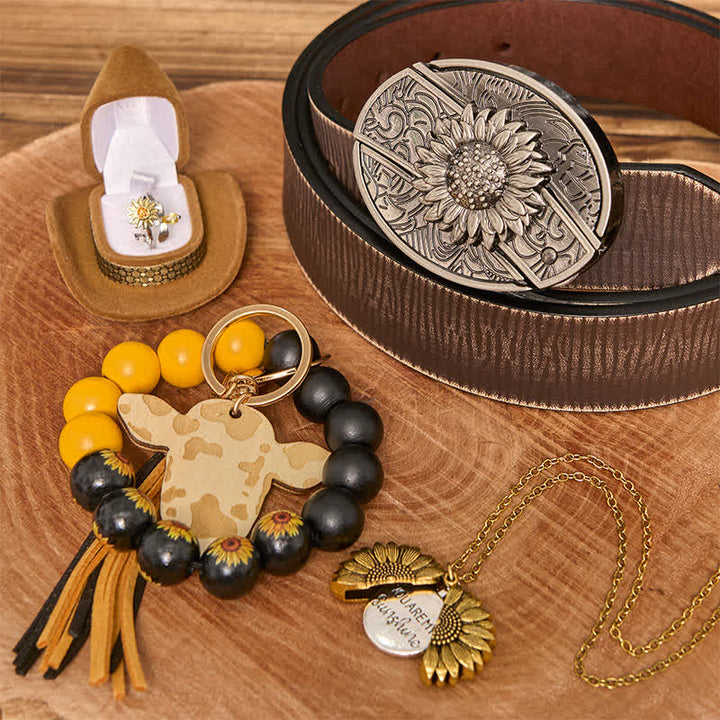 Set di braccialetti con collana e fibbia per cintura con coltello nascosto fai da te a tema girasole - Girasole - Cintura marrone anticata - 42 - image 9