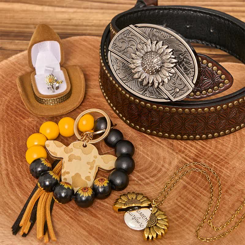Set di braccialetti con collana e fibbia per cintura con coltello nascosto fai da te a tema girasole - Girasole - Cintura con rivetti marroni - 42 - image 8