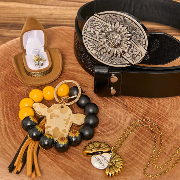 Set di braccialetti con collana e fibbia per cintura con coltello nascosto fai da te a tema girasole - Girasole - Cintura con aquila in rilievo nera - 42 - image 6