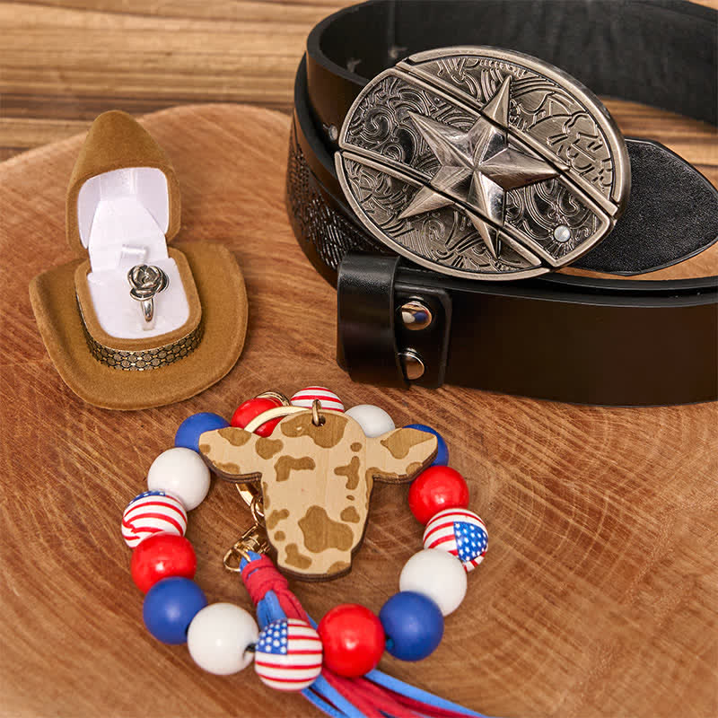 Set di braccialetti con bandiera americana, collana e fibbia per cintura con coltello nascosto fai da te a forma di stella
