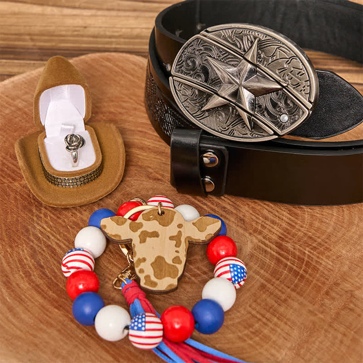 Set di braccialetti con bandiera americana, collana e fibbia per cintura con coltello nascosto fai da te a forma di stella