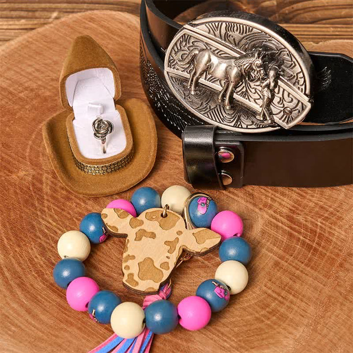 Set di braccialetti con perline di legno e fibbia per cintura con coltello nascosto fai da te da cowgirl - Cowgirl - Cintura con aquila in rilievo nera - 42 - image 3