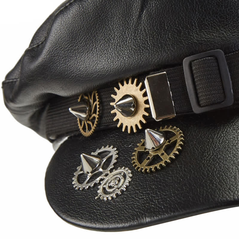 Cappello basco in pelle nera con occhiali da vista Steampunk Gear