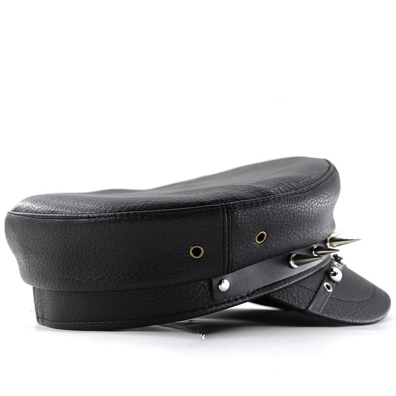 Cappello basco in pelle nera con rivetti punk da donna, blu navy