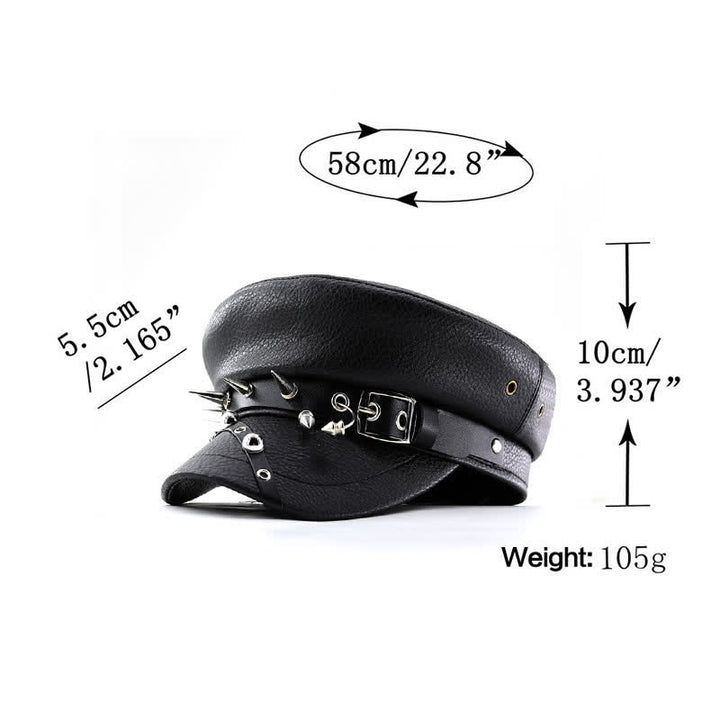 Cappello basco in pelle nera con rivetti punk da donna, blu navy