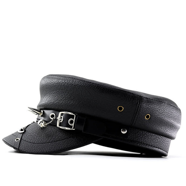 Cappello basco in pelle nera con rivetti punk da donna, blu navy
