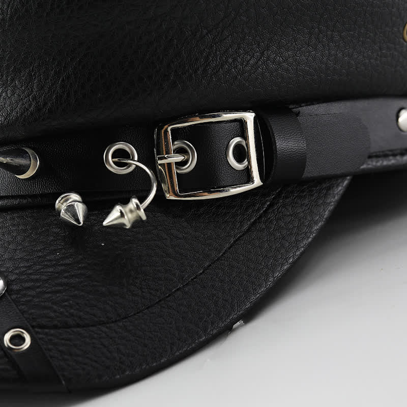 Cappello basco in pelle nera con rivetti punk da donna, blu navy
