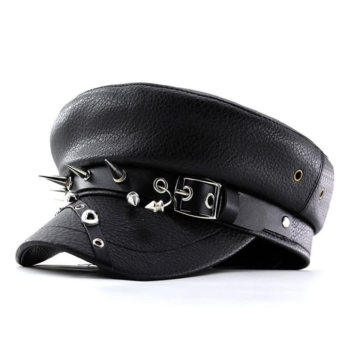 Cappello basco in pelle nera con rivetti punk da donna, blu navy