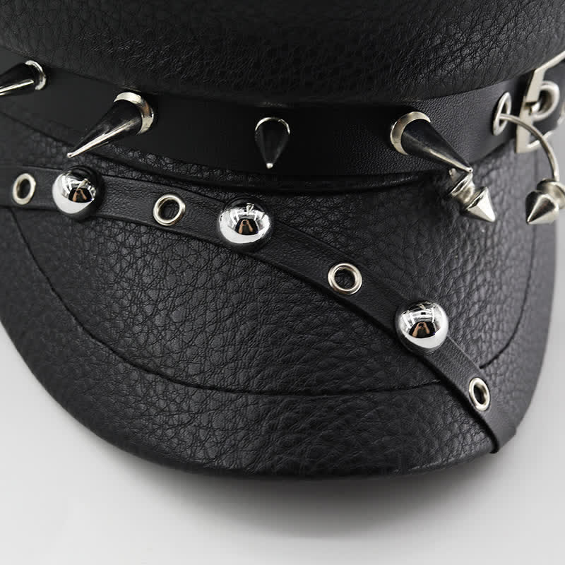 Cappello basco in pelle nera con rivetti punk da donna, blu navy