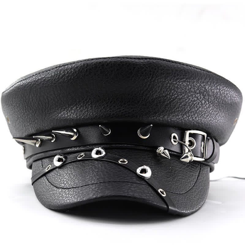 Cappello basco in pelle nera con rivetti punk da donna, blu navy