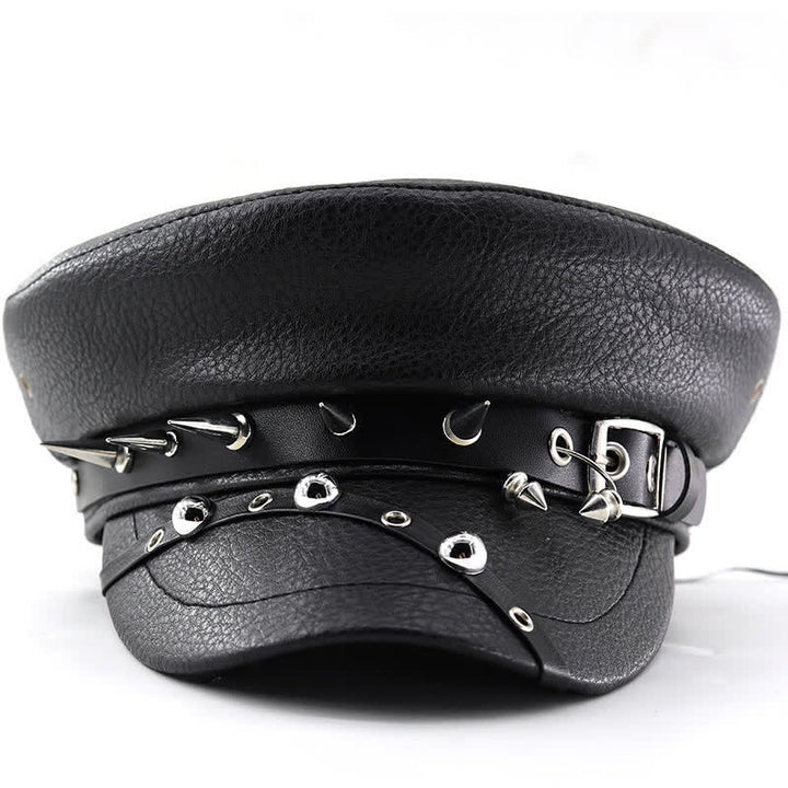 Cappello basco in pelle nera con rivetti punk da donna, blu navy