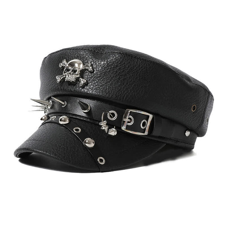 Cappello basco in pelle nera con teschio e rivetti blu navy da donna