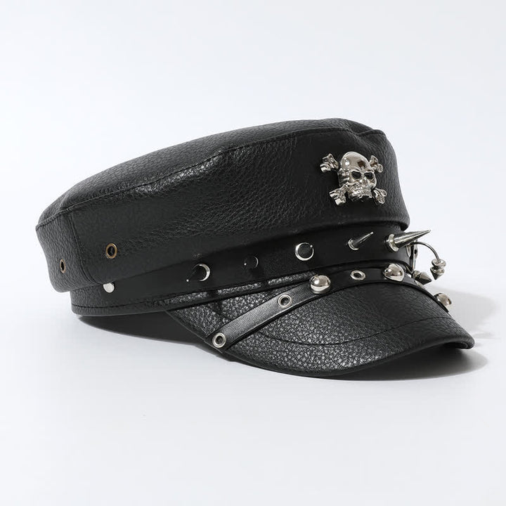 Cappello basco in pelle nera con teschio e rivetti blu navy da donna
