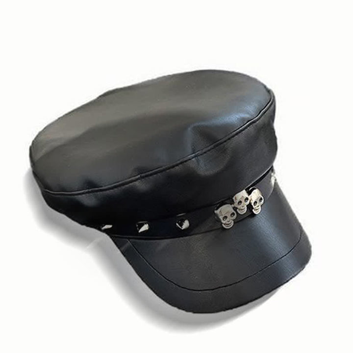Cappello basco unisex in pelle con teschio borchiato in stile scuro