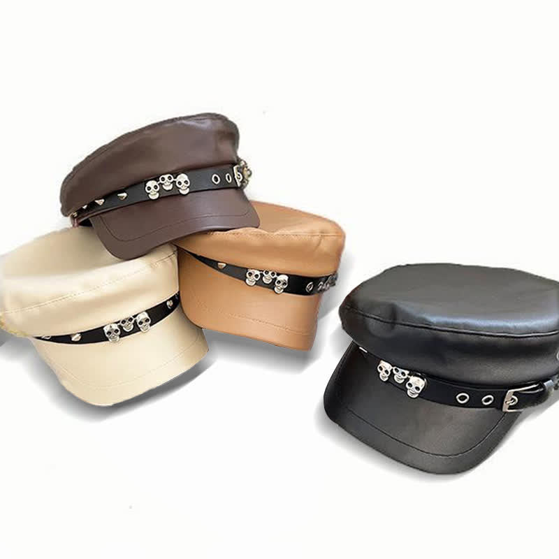 Cappello basco unisex in pelle con teschio borchiato in stile scuro
