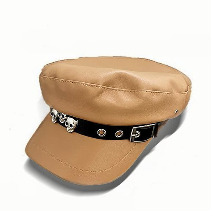 Cappello basco unisex in pelle con teschio borchiato in stile scuro