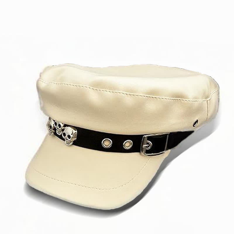 Cappello basco unisex in pelle con teschio borchiato in stile scuro