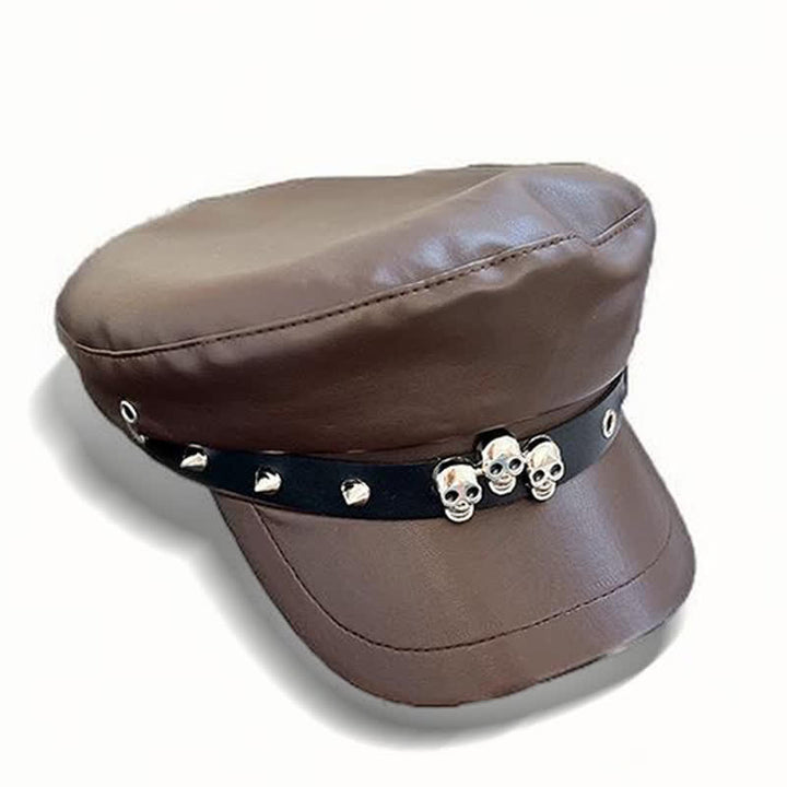 Cappello basco unisex in pelle con teschio borchiato in stile scuro