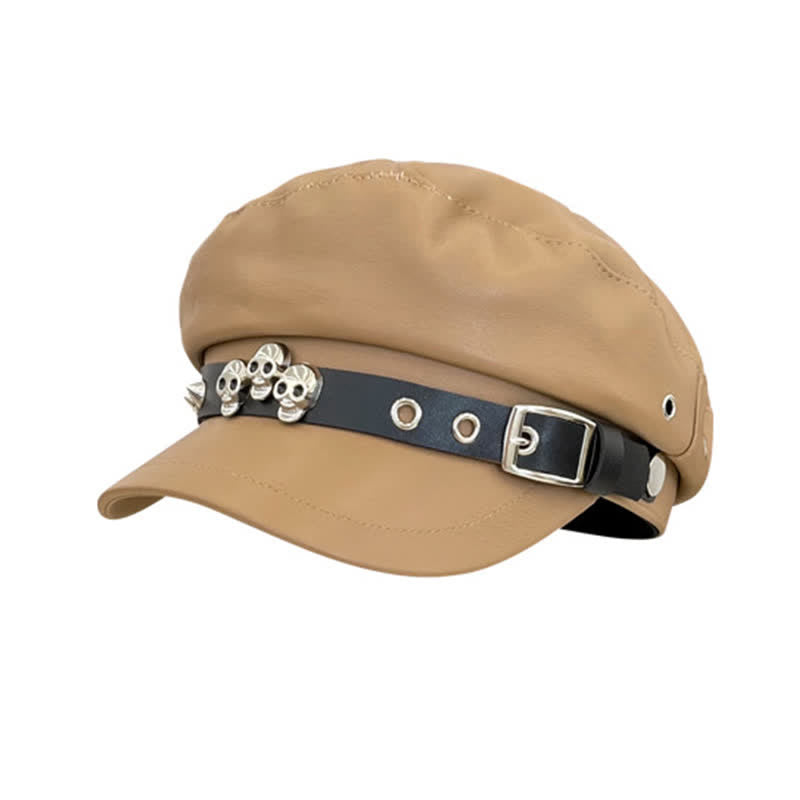 Cappello basco unisex in pelle con teschio borchiato in stile scuro