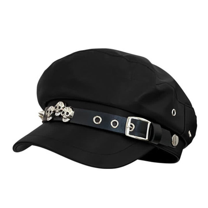 Cappello basco unisex in pelle con teschio borchiato in stile scuro