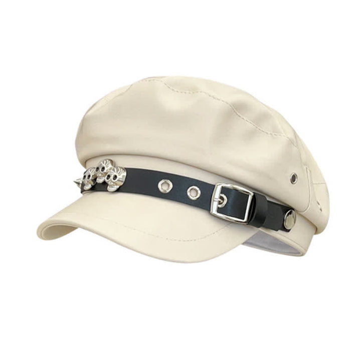 Cappello basco unisex in pelle con teschio borchiato in stile scuro