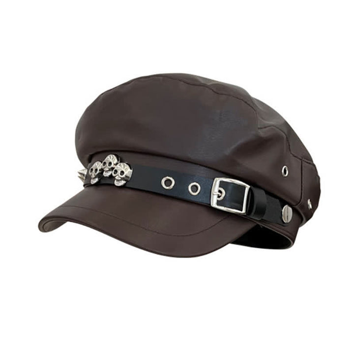 Cappello basco unisex in pelle con teschio borchiato in stile scuro