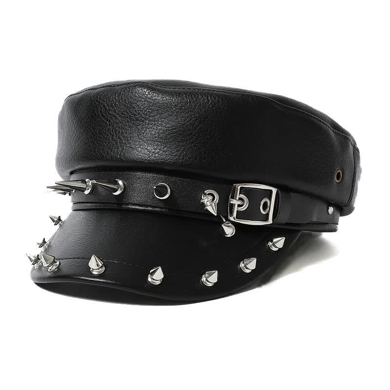 Cappello basco in pelle nera con borchie a forma di cuore in stile hip-hop