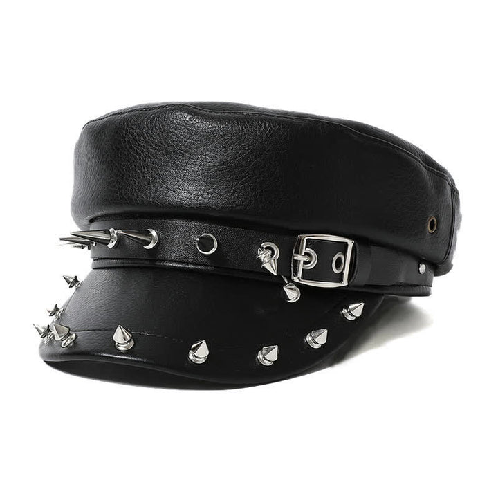 Cappello basco in pelle nera con borchie a forma di cuore in stile hip-hop