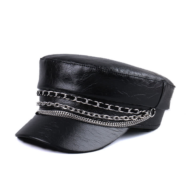 Cappello basco da donna in pelle nera con catena decorata e parte superiore piatta - Nero - M (22"-22 7/8") - image 0