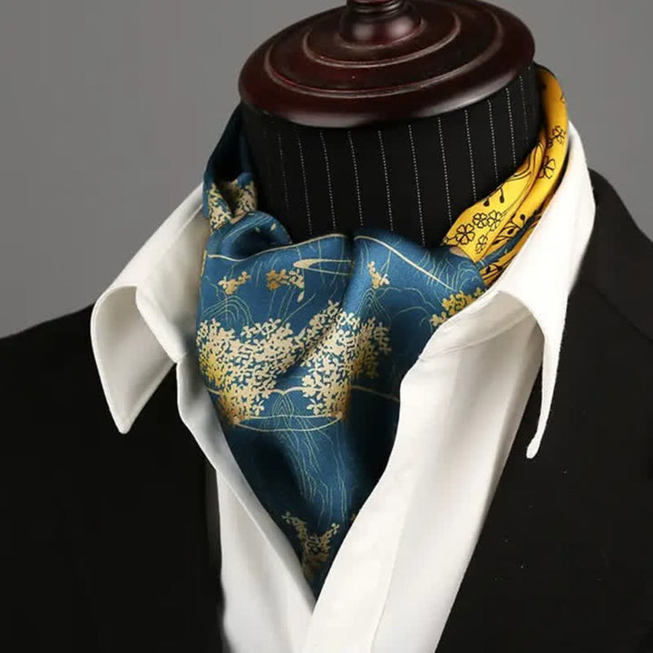 Sciarpa lunga e sottile in seta con motivo floreale blu e giallo, lussuosa da uomo
