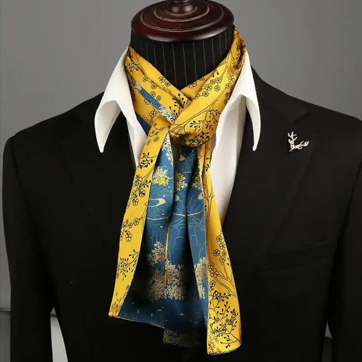 Sciarpa lunga e sottile in seta con motivo floreale blu e giallo, lussuosa da uomo