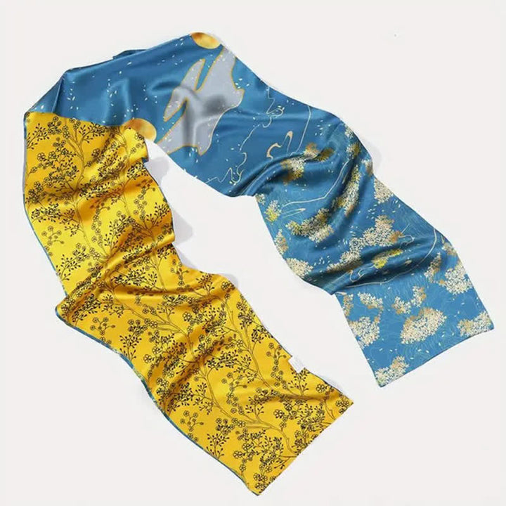 Sciarpa lunga e sottile in seta con motivo floreale blu e giallo, lussuosa da uomo