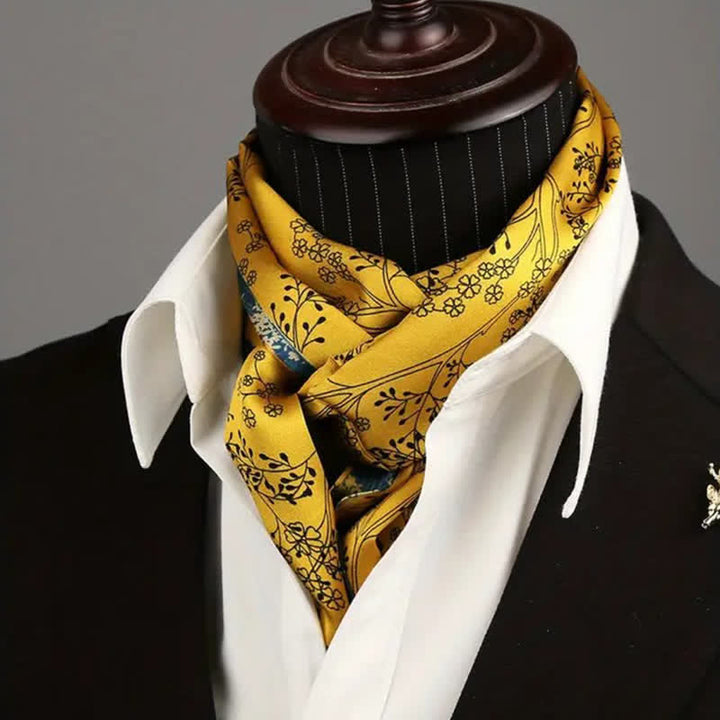 Sciarpa lunga e sottile in seta con motivo floreale blu e giallo, lussuosa da uomo