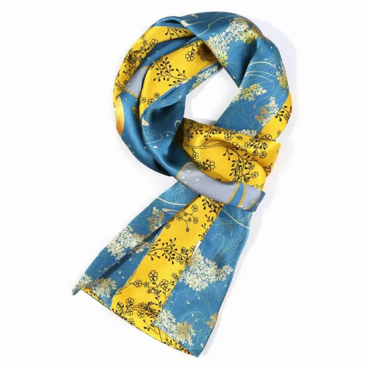 Sciarpa lunga e sottile in seta con motivo floreale blu e giallo, lussuosa da uomo