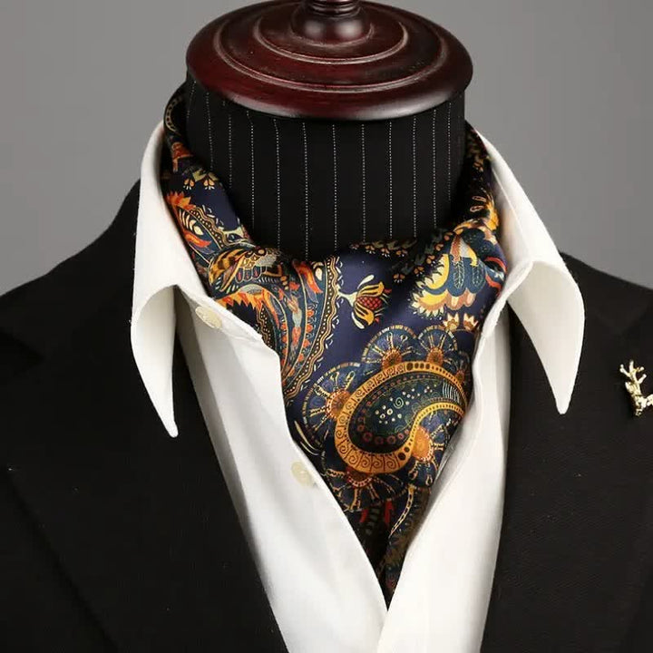Sciarpa lunga e sottile in seta reversibile con motivo Paisley blu navy e oro da uomo