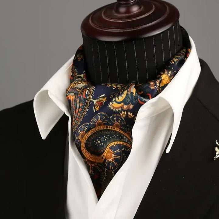 Sciarpa lunga e sottile in seta reversibile con motivo Paisley blu navy e oro da uomo